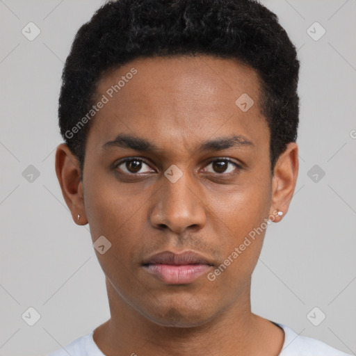 Neutral black young-adult male with short  black hair and brown eyes