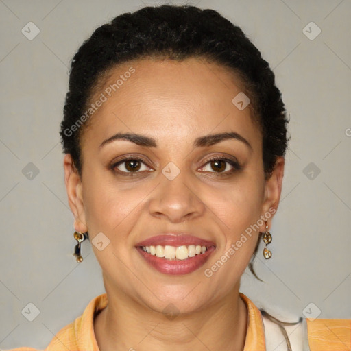 Joyful latino young-adult female with short  brown hair and brown eyes