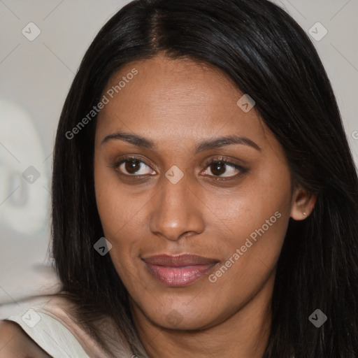 Joyful asian young-adult female with long  brown hair and brown eyes