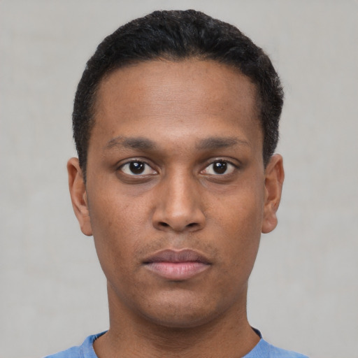 Neutral black young-adult male with short  black hair and brown eyes