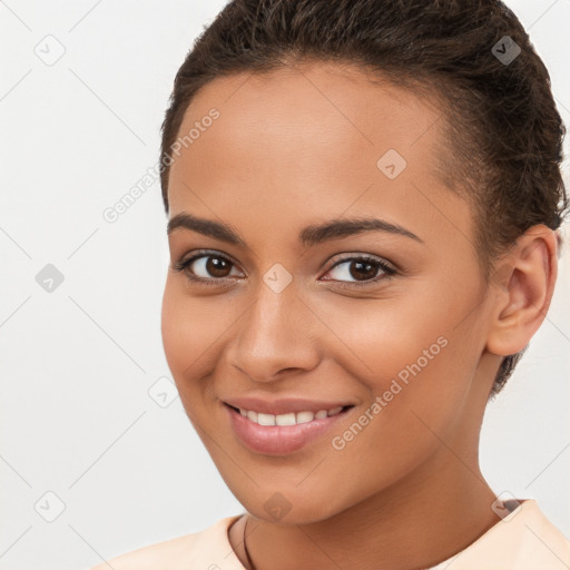 Joyful white young-adult female with short  brown hair and brown eyes