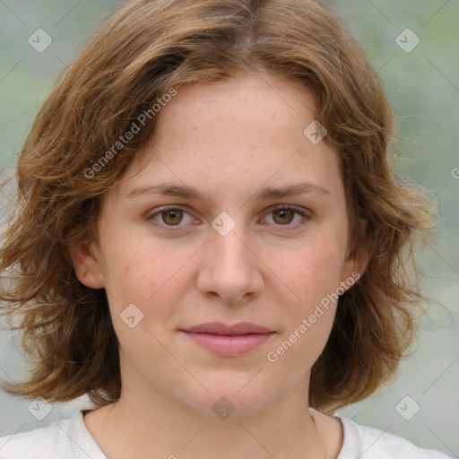 Joyful white young-adult female with medium  brown hair and green eyes