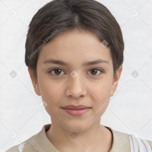 Joyful white child female with short  brown hair and brown eyes