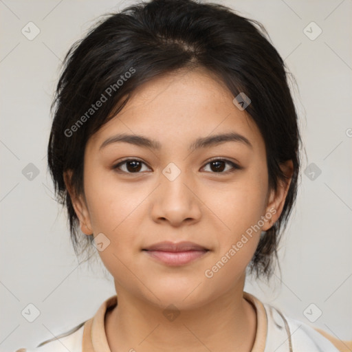 Neutral latino young-adult female with medium  brown hair and brown eyes