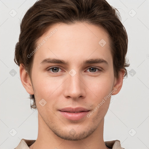 Neutral white young-adult male with short  brown hair and brown eyes