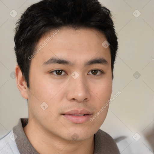 Neutral asian young-adult male with short  brown hair and brown eyes