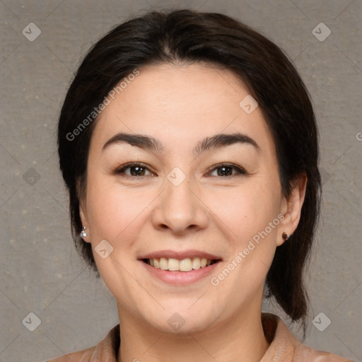 Joyful white young-adult female with medium  brown hair and brown eyes