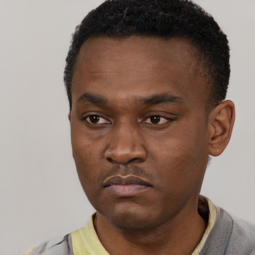 Neutral black young-adult male with short  black hair and brown eyes