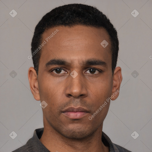 Neutral latino young-adult male with short  black hair and brown eyes