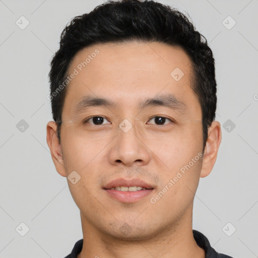 Neutral asian young-adult male with short  black hair and brown eyes