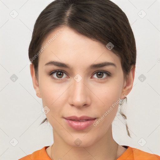 Neutral white young-adult female with medium  brown hair and brown eyes