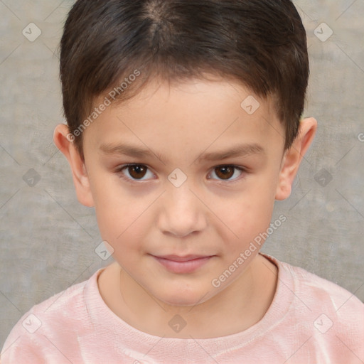 Joyful white child female with short  brown hair and brown eyes