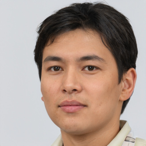 Neutral asian young-adult male with short  brown hair and brown eyes