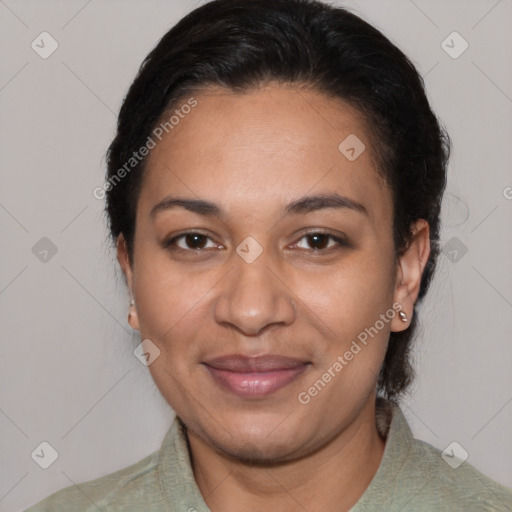 Joyful latino young-adult female with short  black hair and brown eyes