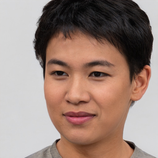Joyful asian young-adult male with short  brown hair and brown eyes