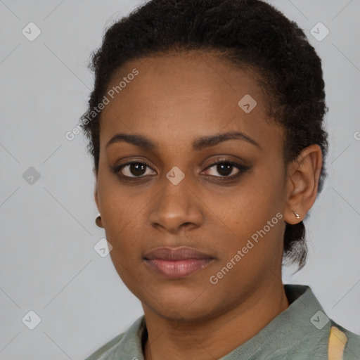 Neutral black young-adult female with short  brown hair and brown eyes