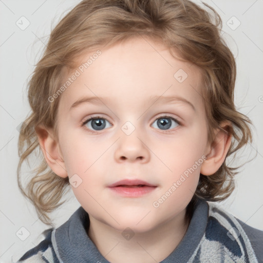 Neutral white child female with medium  brown hair and blue eyes