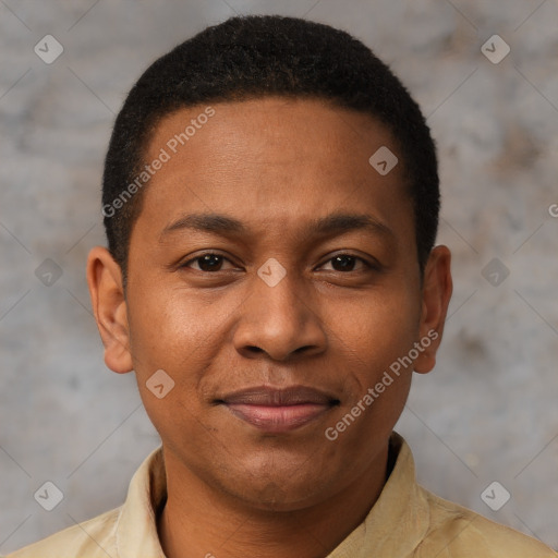 Joyful latino young-adult male with short  brown hair and brown eyes