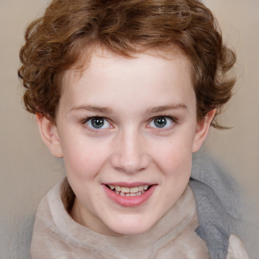 Joyful white child female with medium  brown hair and blue eyes