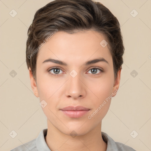 Neutral white young-adult female with short  brown hair and brown eyes