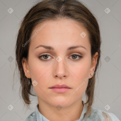 Neutral white young-adult female with medium  brown hair and brown eyes