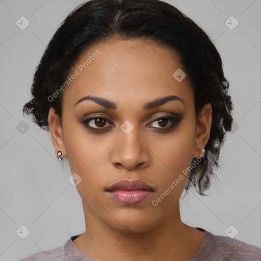 Neutral latino young-adult female with short  black hair and brown eyes