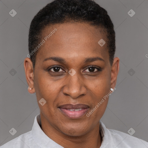 Joyful black adult female with short  brown hair and brown eyes