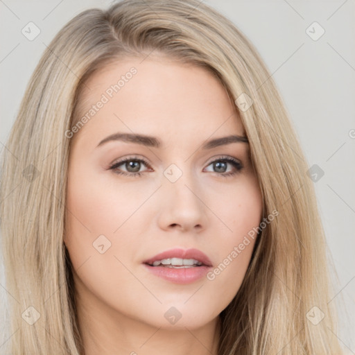 Neutral white young-adult female with long  brown hair and brown eyes