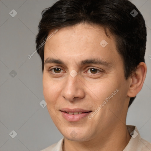 Joyful white adult male with short  brown hair and brown eyes