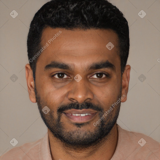 Joyful latino young-adult male with short  black hair and brown eyes