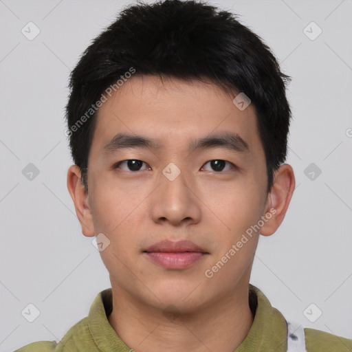 Neutral asian young-adult male with short  black hair and brown eyes