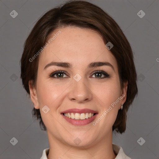 Joyful white young-adult female with medium  brown hair and grey eyes