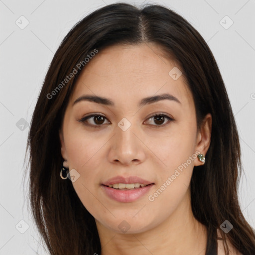 Joyful asian young-adult female with long  brown hair and brown eyes