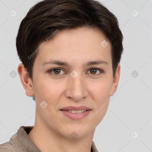 Joyful white young-adult female with short  brown hair and brown eyes