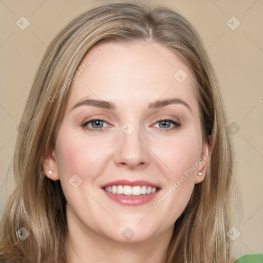 Joyful white young-adult female with long  brown hair and grey eyes