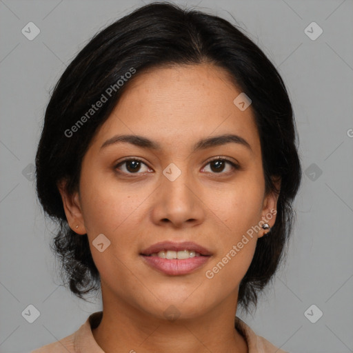 Joyful asian young-adult female with medium  black hair and brown eyes