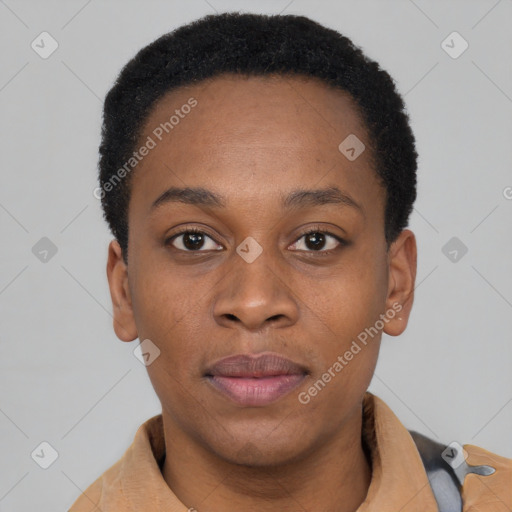 Joyful latino young-adult female with short  black hair and brown eyes