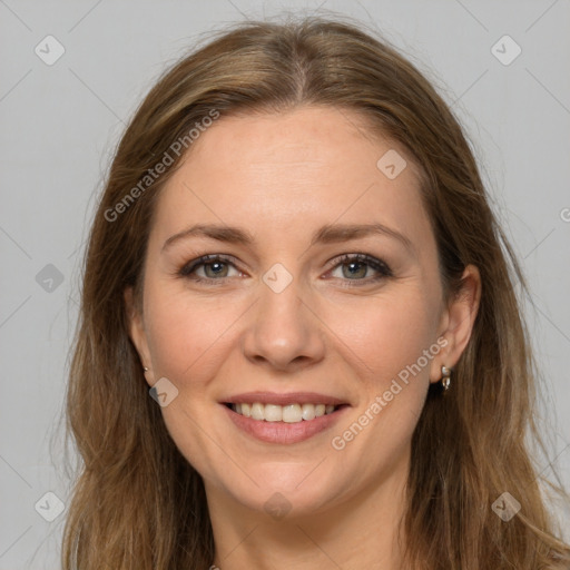 Joyful white young-adult female with long  brown hair and grey eyes