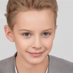 Joyful white child female with short  brown hair and brown eyes