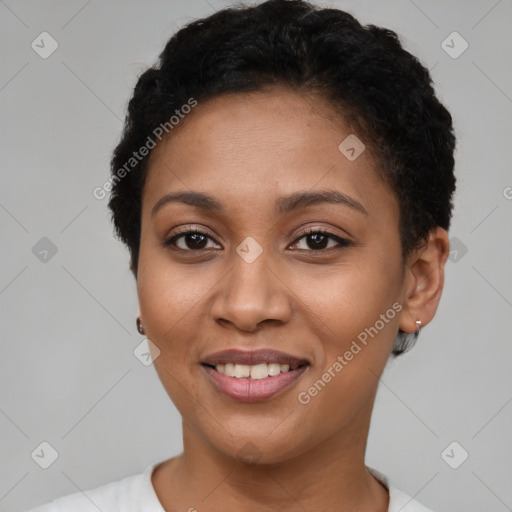 Joyful latino young-adult female with short  brown hair and brown eyes