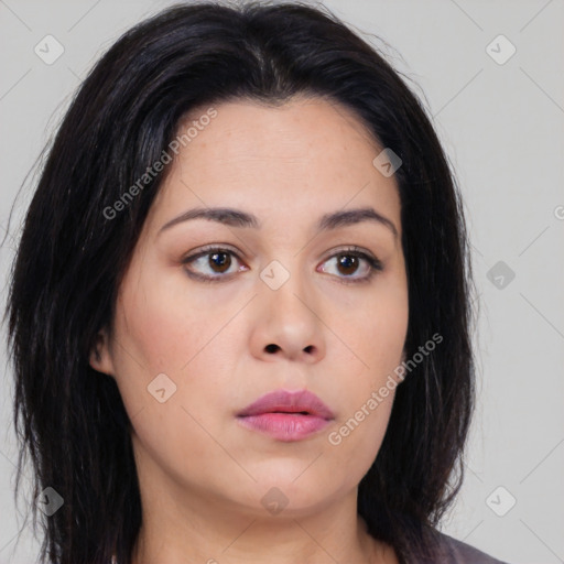 Neutral asian young-adult female with medium  brown hair and brown eyes