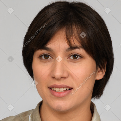 Joyful white young-adult female with medium  brown hair and brown eyes