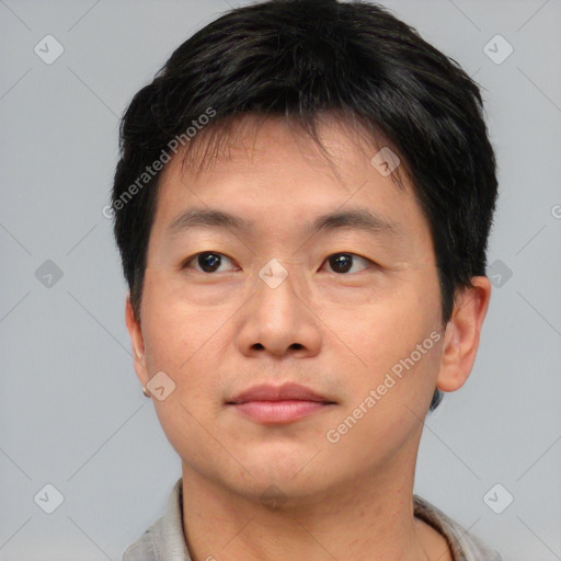 Neutral asian young-adult male with short  brown hair and brown eyes