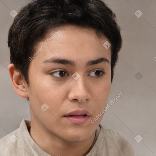 Neutral white young-adult female with short  brown hair and brown eyes