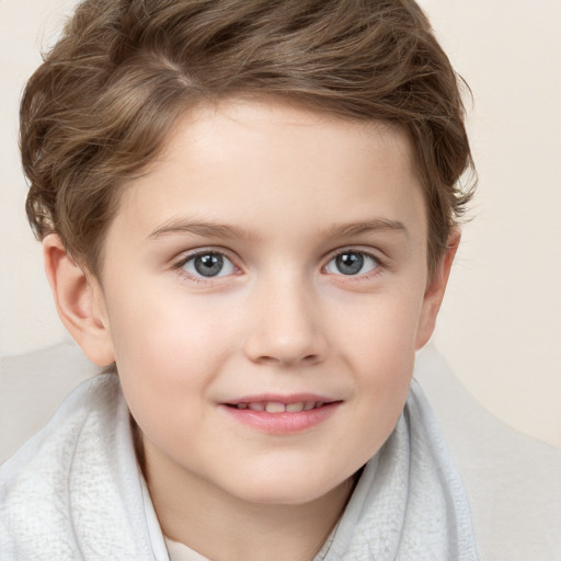 Joyful white child female with short  brown hair and blue eyes