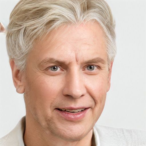 Joyful white adult male with short  blond hair and blue eyes