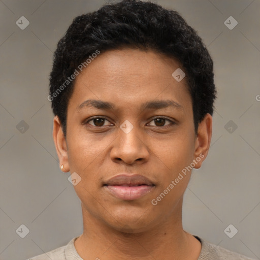 Neutral black young-adult female with short  black hair and brown eyes