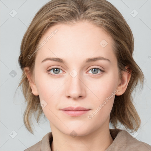 Neutral white young-adult female with medium  brown hair and blue eyes