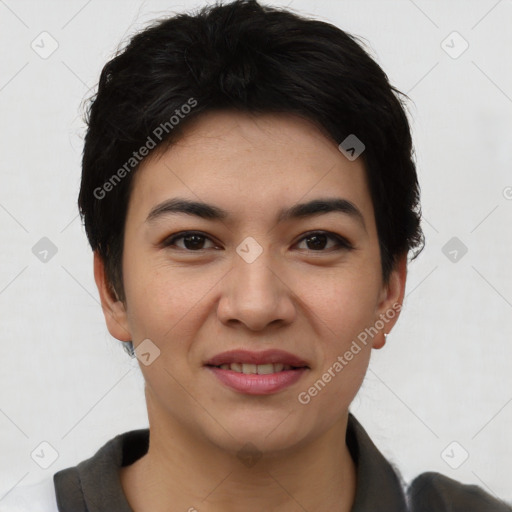 Joyful asian young-adult female with short  black hair and brown eyes