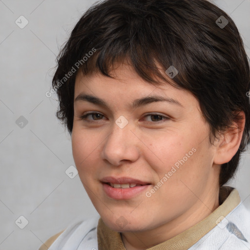 Joyful white young-adult female with medium  brown hair and brown eyes